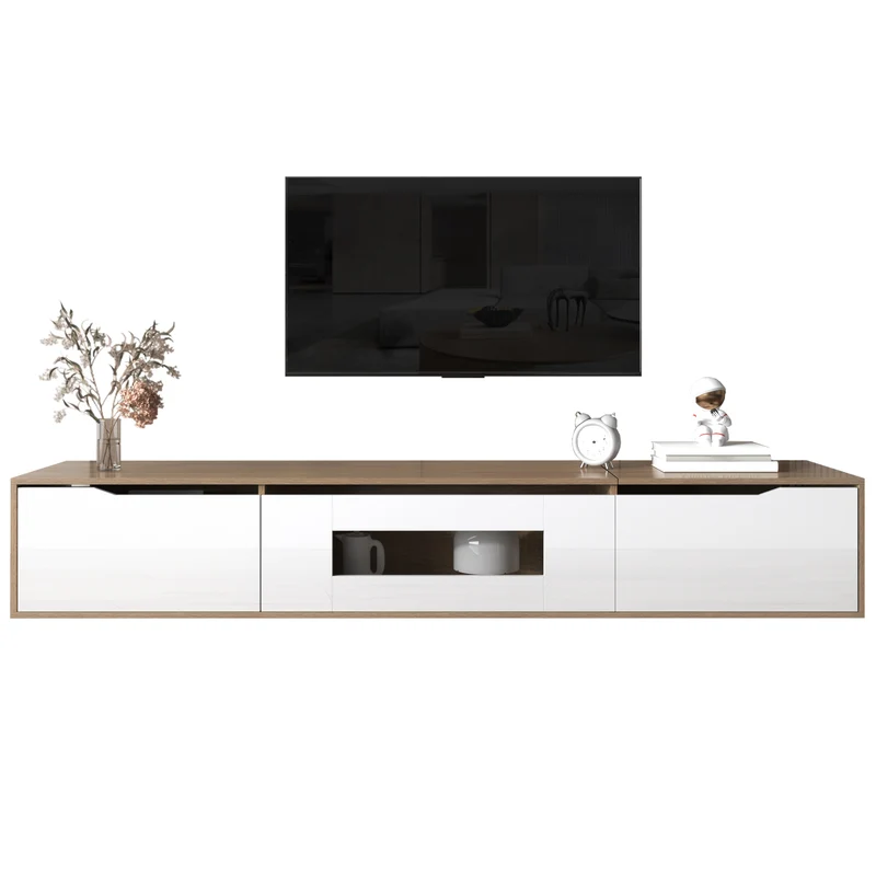 Meuble TV haut brillant blanc et effet bois 180x35x30 cm avec éclairage LED multicolore LIMESTONEBLUFF
