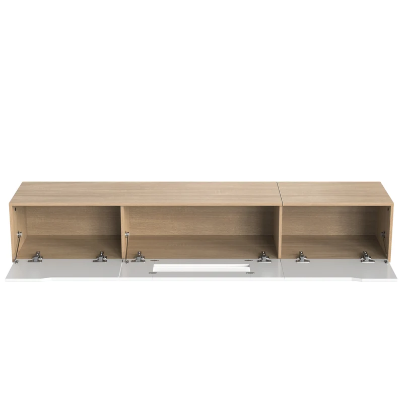 Meuble TV haut brillant blanc et effet bois 180x35x30 cm avec éclairage LED multicolore LIMESTONEBLUFF