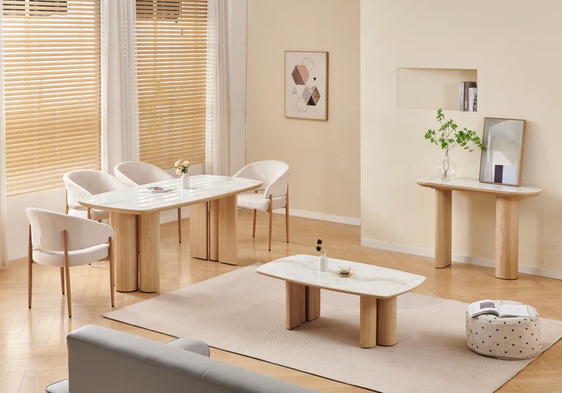 Table basse ovale marbre beige et bois - Doria