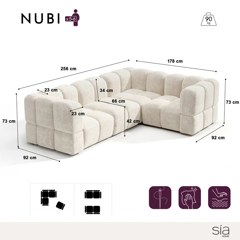 Canapé d'angle droit modulable NUBI 256 x 178 cm