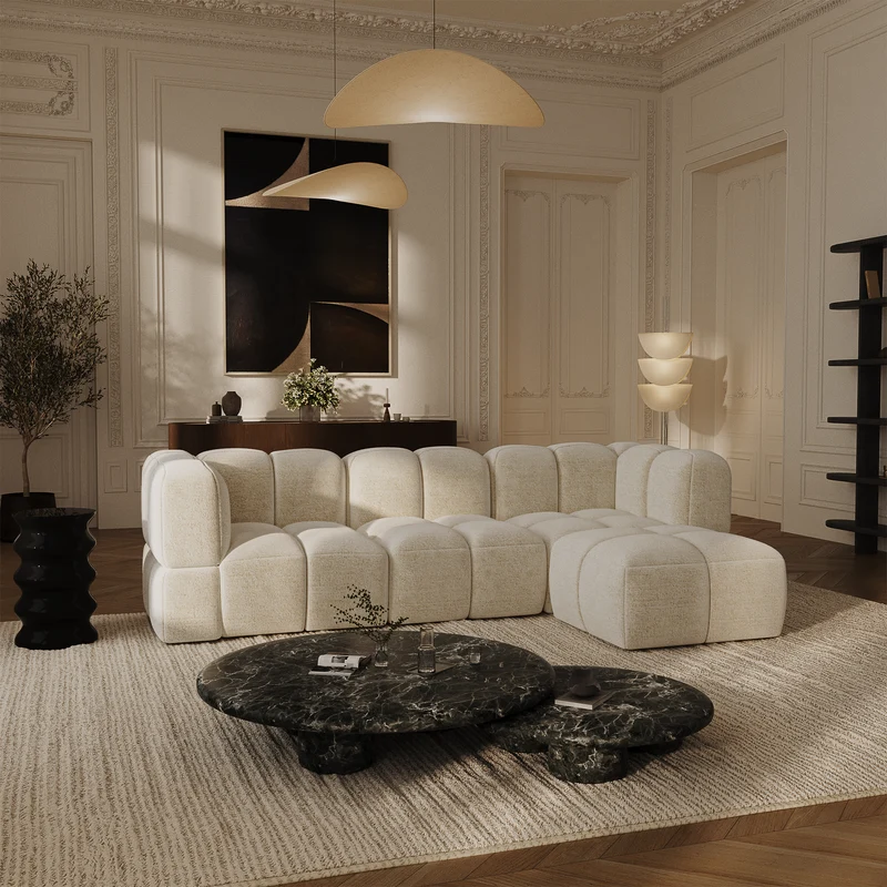 Canapé d'angle droit modulable NUBI avec pouf