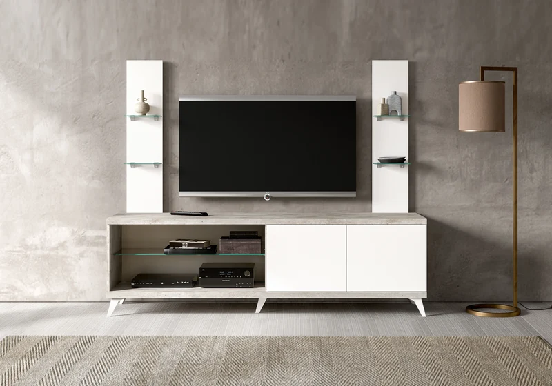 Meuble TV 200 cm blanc laqué béton avec niche – Treviso