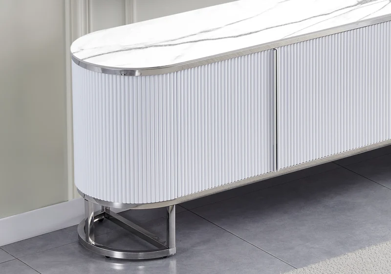 Meuble TV ovale cannelé marbre blanc chromé - Nalia