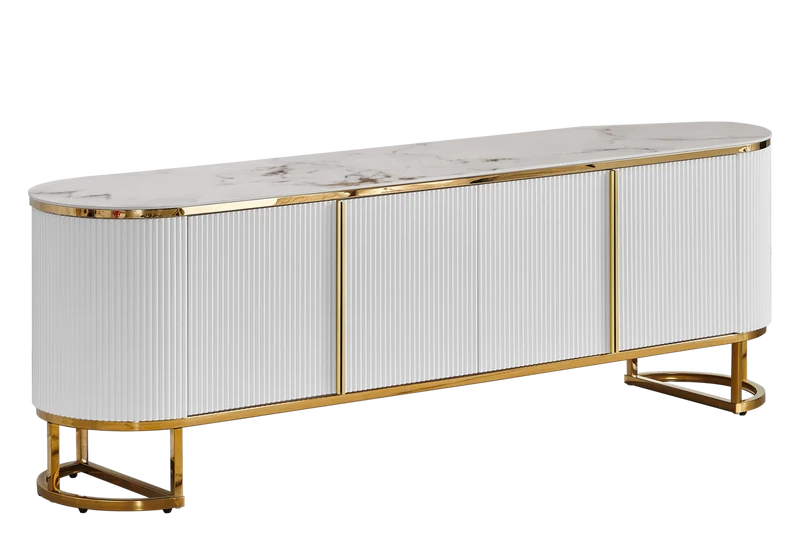 Meuble TV ovale cannelé marbre beige doré - Nalia