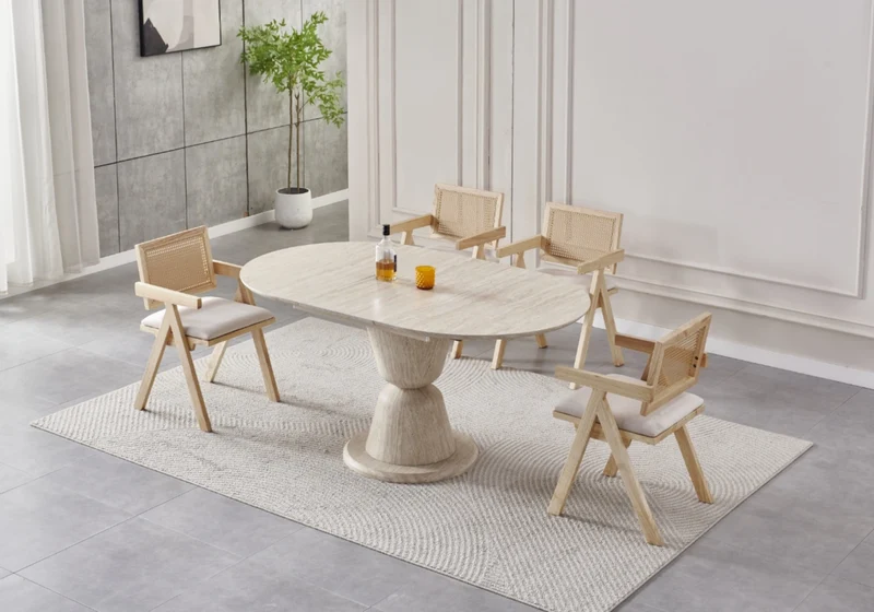 Table à manger ronde extensible céramique travertin - Pietra