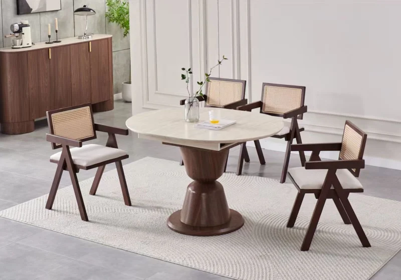 Table à manger ronde extensible noyer travertin - Pietra