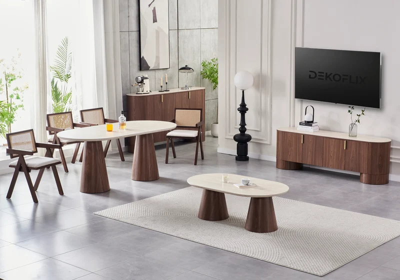 Meuble TV ovale noyer travertin - Monza