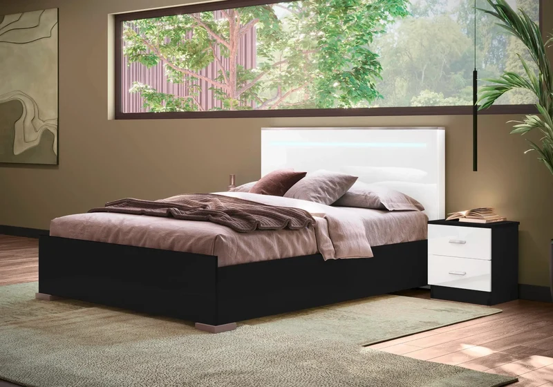 Chambre complète noir et blanc laqué LED moderne – NOEMI