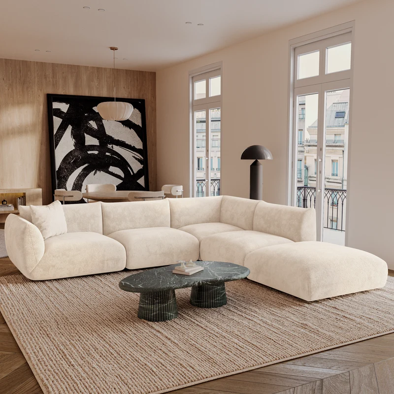 Canapé grand angle droit modulable 7 places Nooma crème