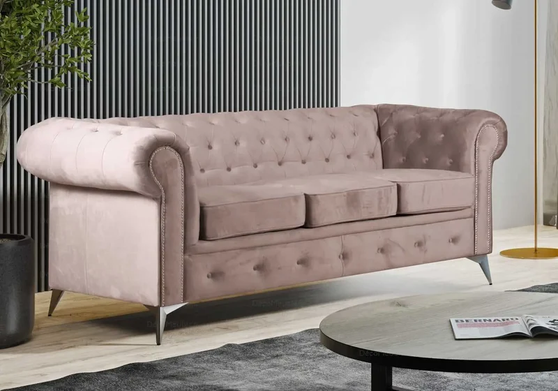 Canapé Chesterfield velours beige - Hugo