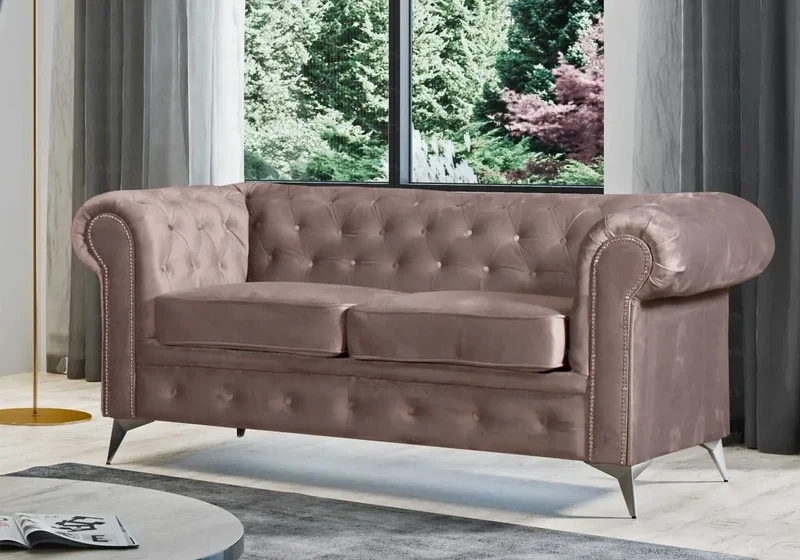 Canapé Chesterfield velours beige - Hugo