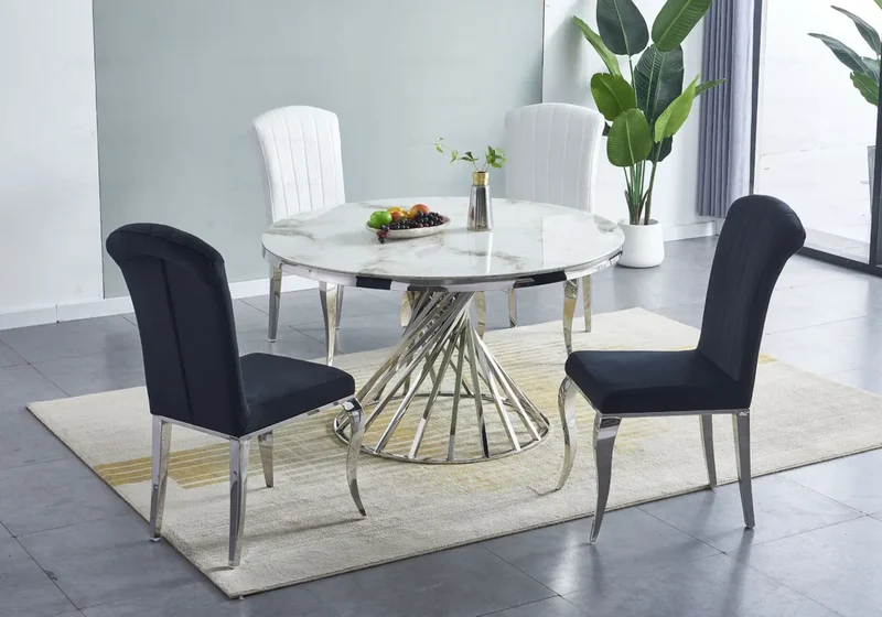 Table à manger ronde marbre blanc argent - Ruby