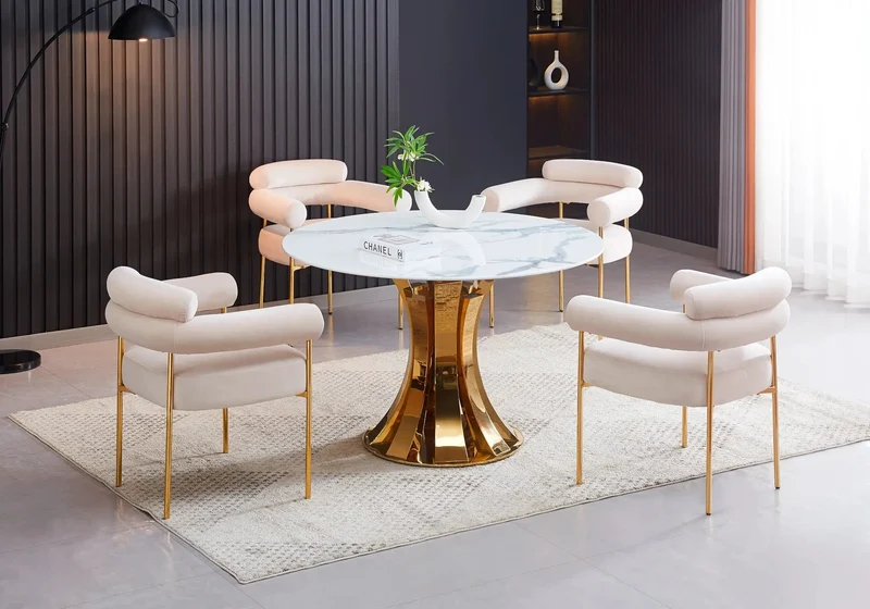 Table à manger dorée céramique marbre blanc - Sidy