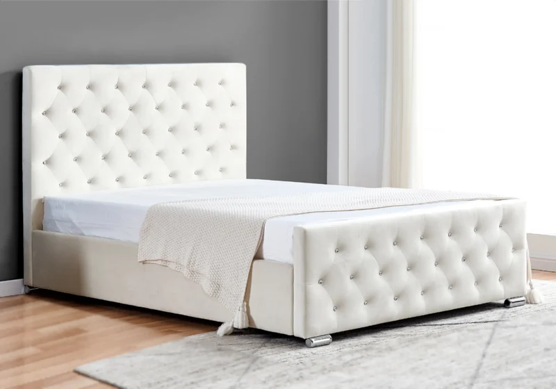 Lit double capitonné en velours blanc avec strass - Anis
