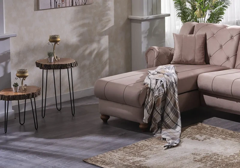 Canapé méridienne capitonné velours taupe – MEVA