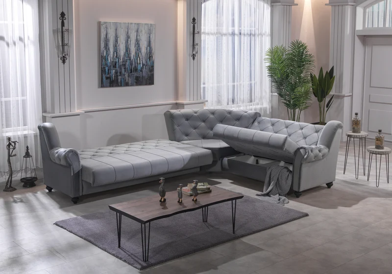 Canapé d’angle capitonné velours gris – MEVA