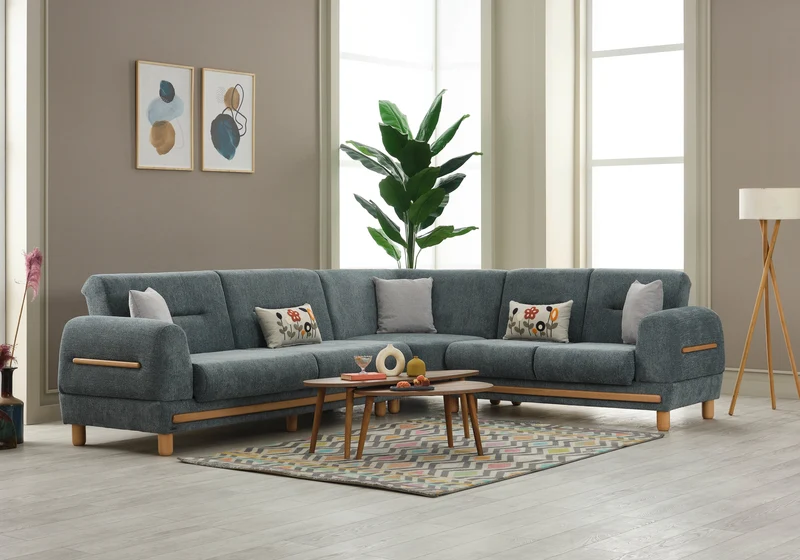 Canapé d’angle bois naturel vert graphite – LEONA