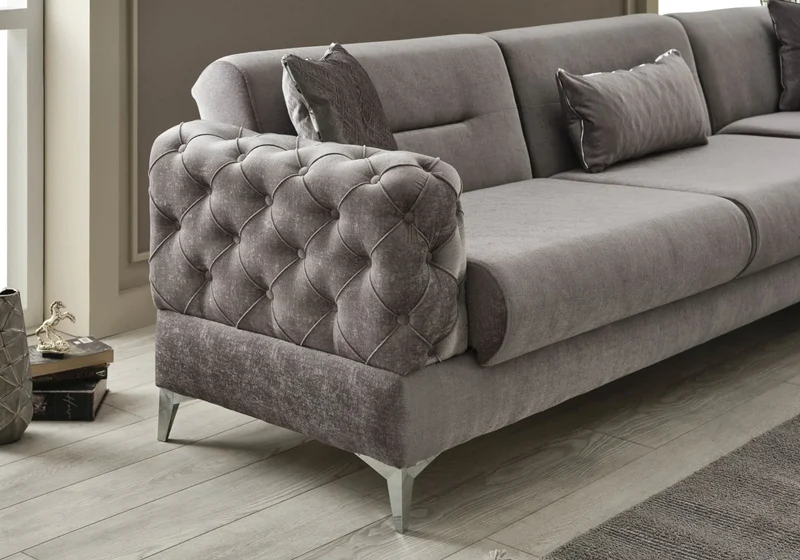 Canapé d’angle capitonné velours gris – Bosna