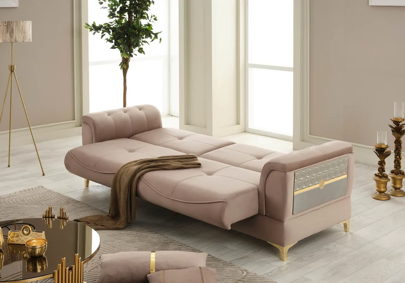 Canapé convertible design taupe et doré - LISA