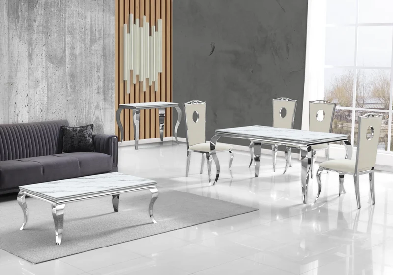 Meuble TV marbre blanc design argent - Neo
