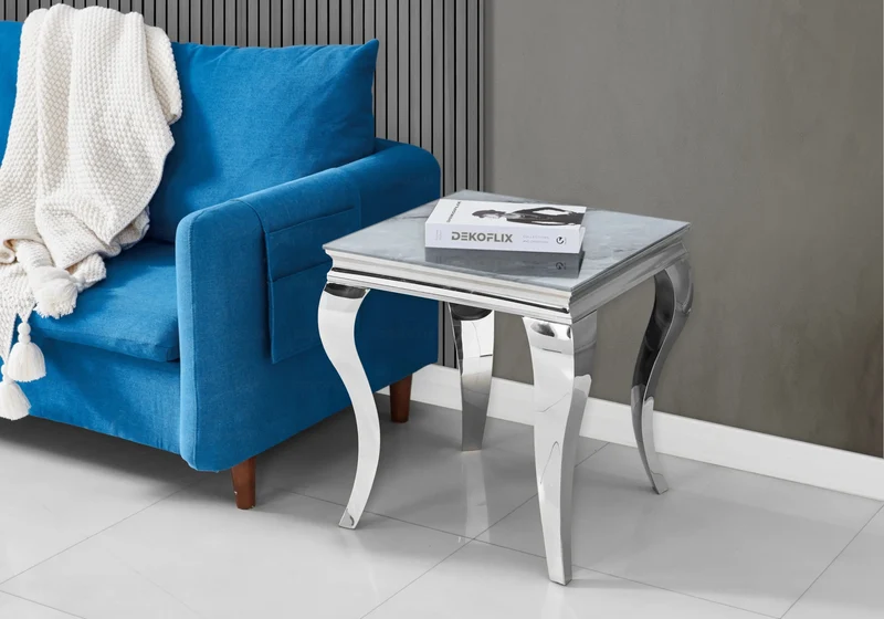 Bout de canapé design marbre gris argent - Neo