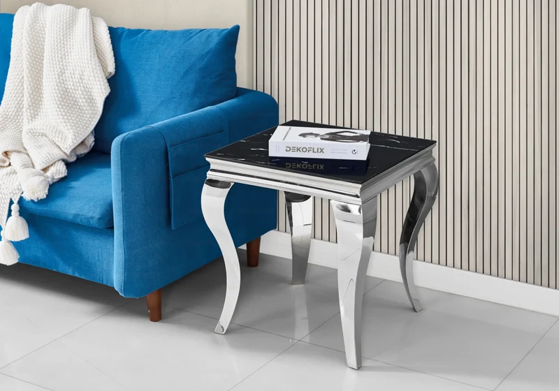 Bout de canapé design marbre noir argent - Neo