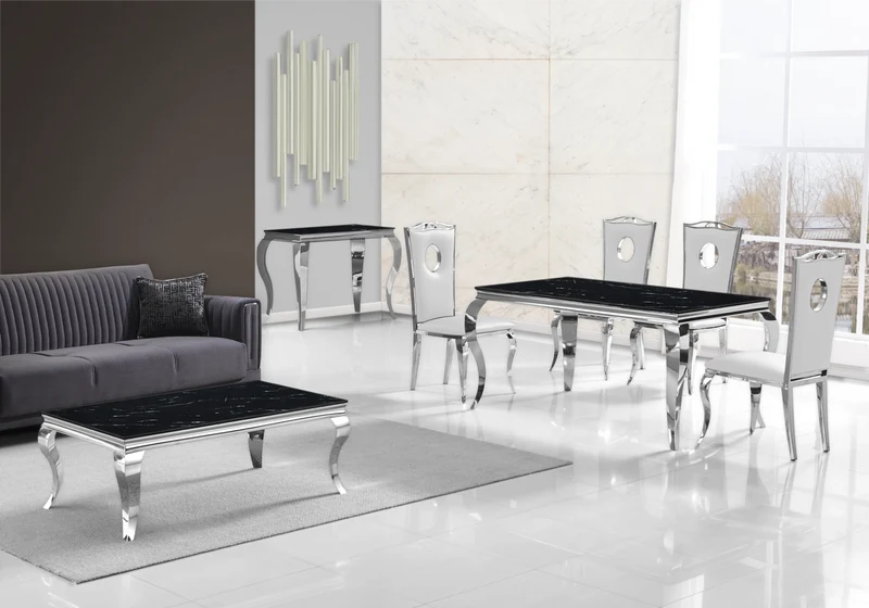 Bout de canapé design marbre noir argent - Neo