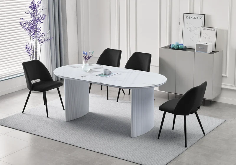 Table à manger ovale marbre beige cannelé - Kara
