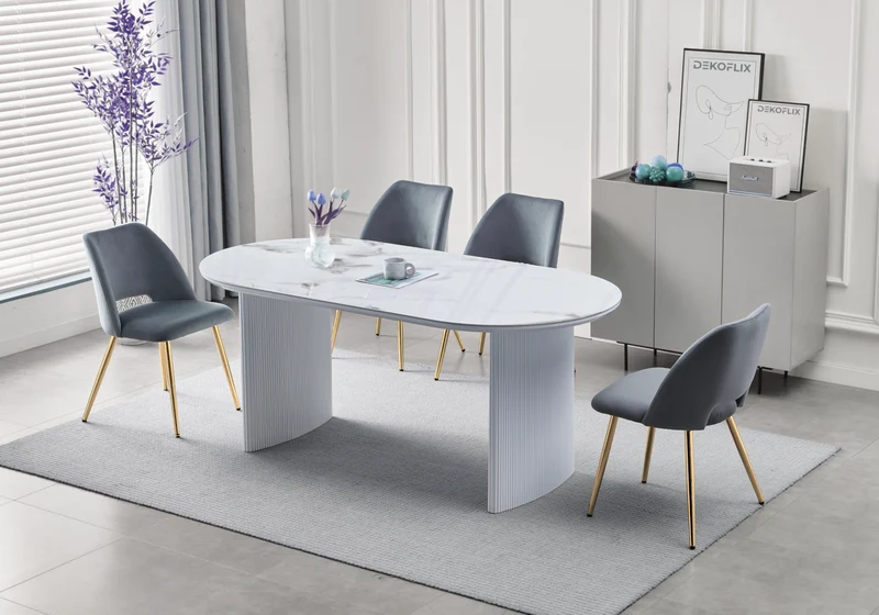 Table à manger ovale marbre beige cannelé - Kara