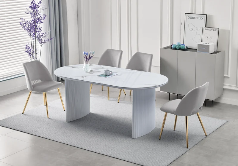 Table à manger ovale marbre beige cannelé - Kara