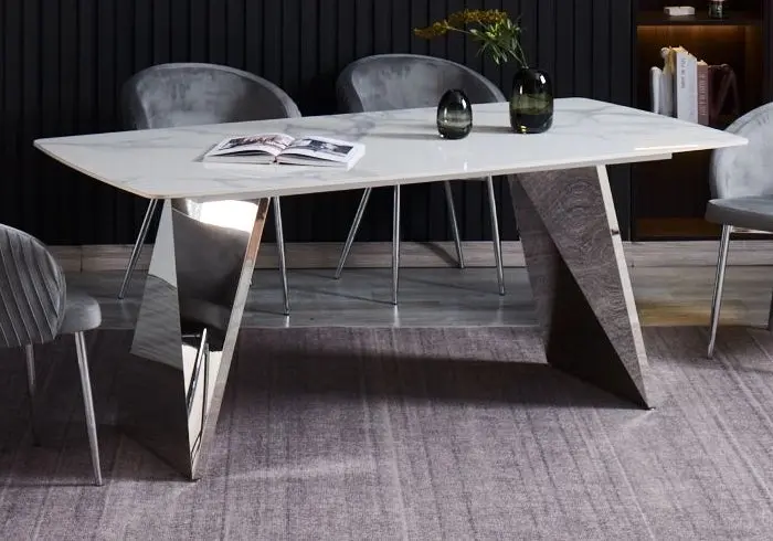 Table à manger chrome céramique marbre blanc - Lala