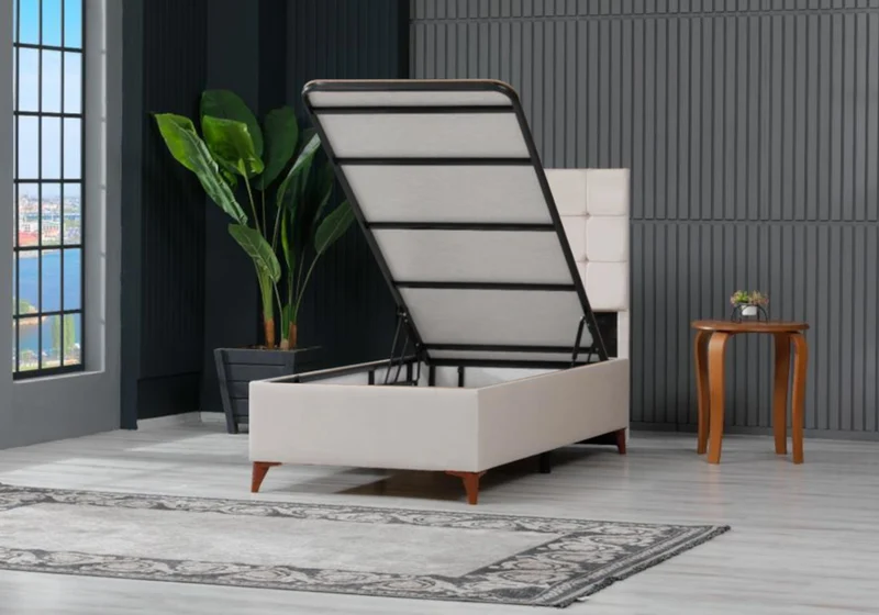 Ensemble lit coffre et matelas 1 place beige - Lore