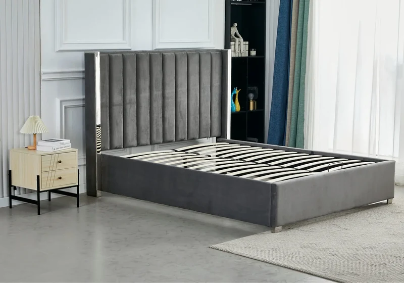 Lit coffre velours gris argenté avec sommier - Jade