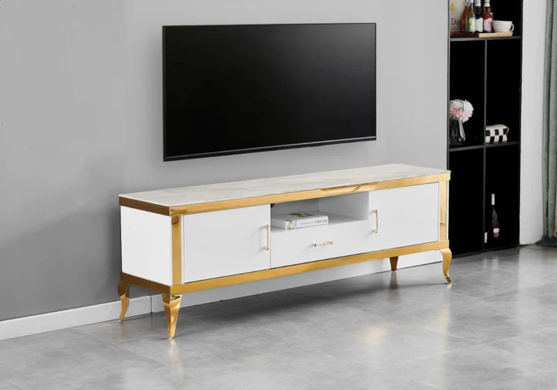 Meuble TV 170 cm marbre beige doré - Neo