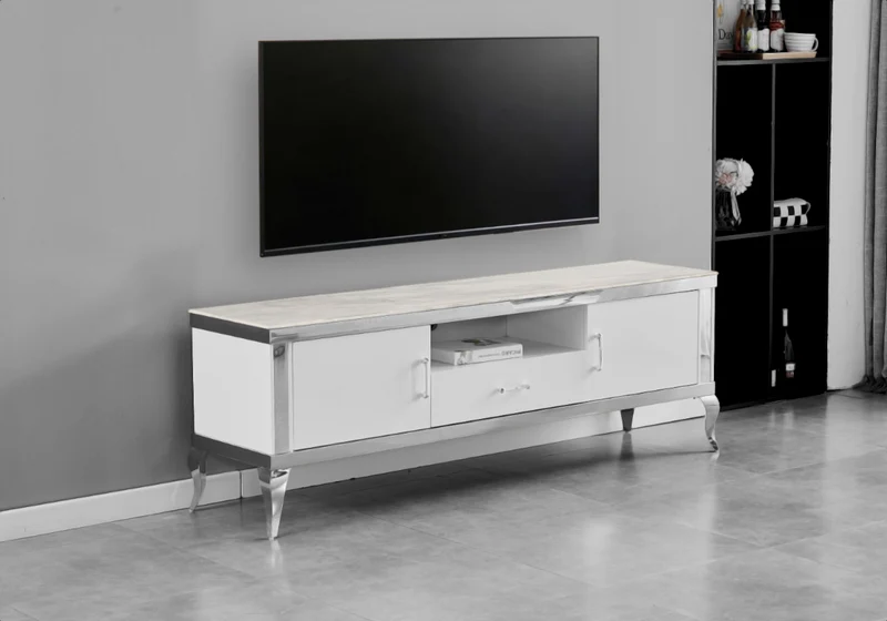 Meuble TV 170 cm marbre beige argent - Neo