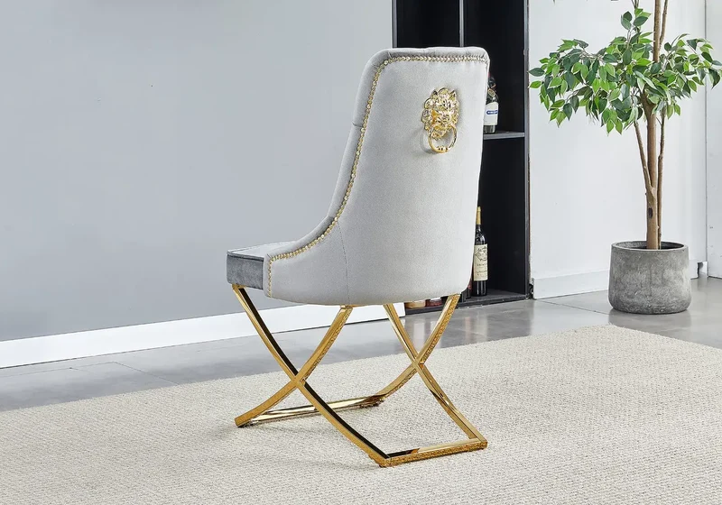 Chaises en velours gris et tête de lion dorée - Glade x4