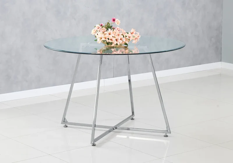 Table ronde verre trempé pieds argent - Gina