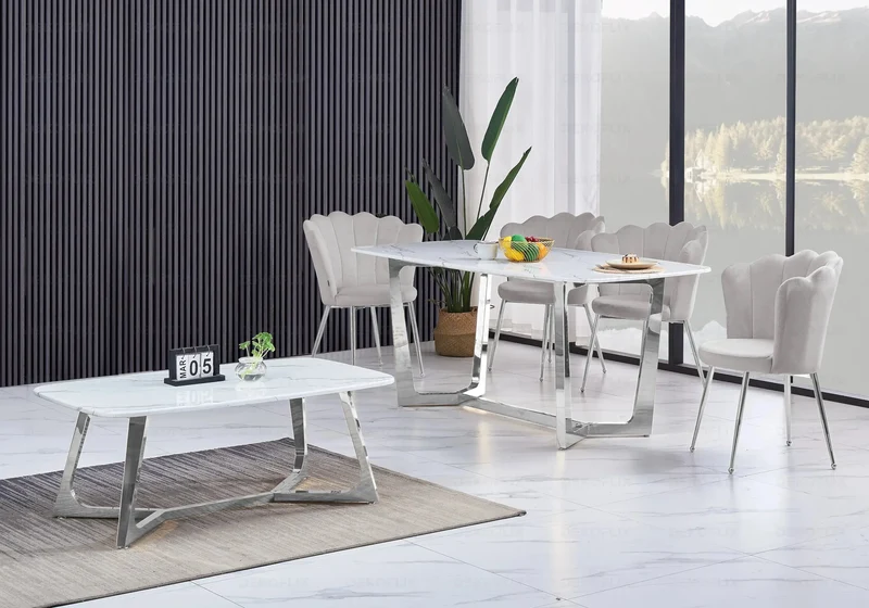 Table à manger marbre blanc argent - Gaya