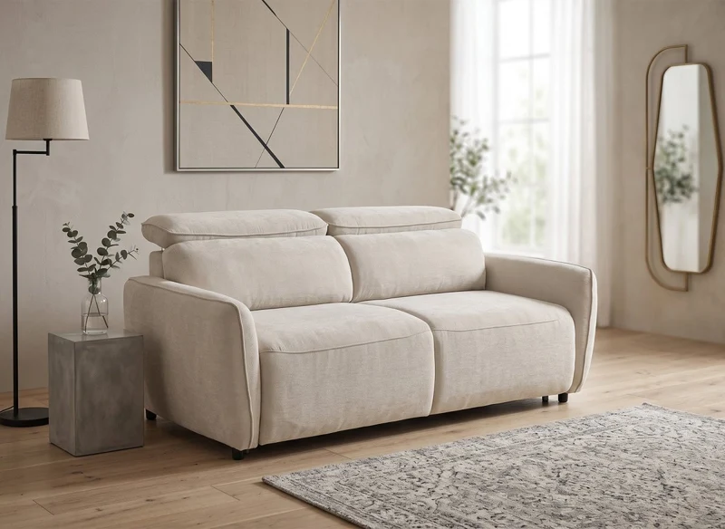 Canapé convertible express 3 places en tissu texturé beige - matelas 17 cm - JACINTHE