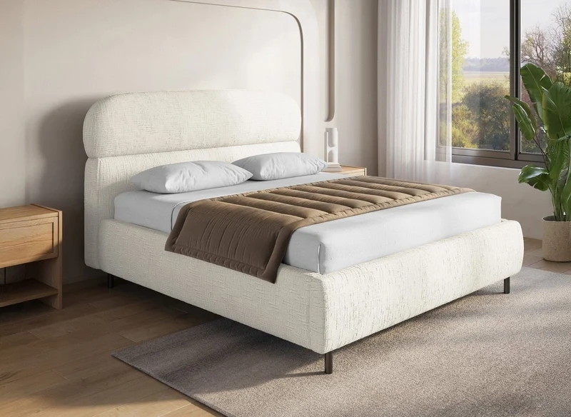 Lit coffre en velours chiné beige 140x190cm MELO