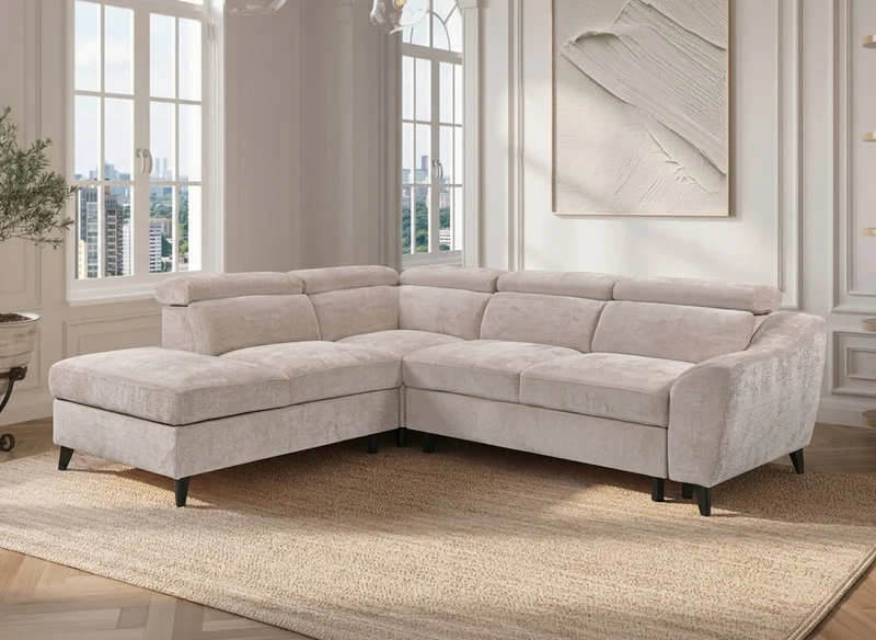 Canapé d'angle convertible avec coffre en velours chiné beige DALTON - Angle gauche