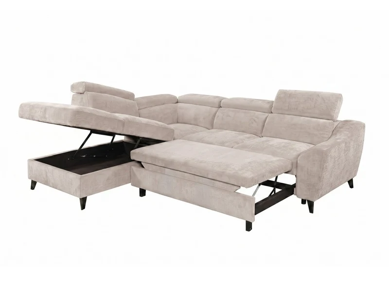 Canapé d'angle convertible avec coffre en velours chiné beige DALTON - Angle gauche