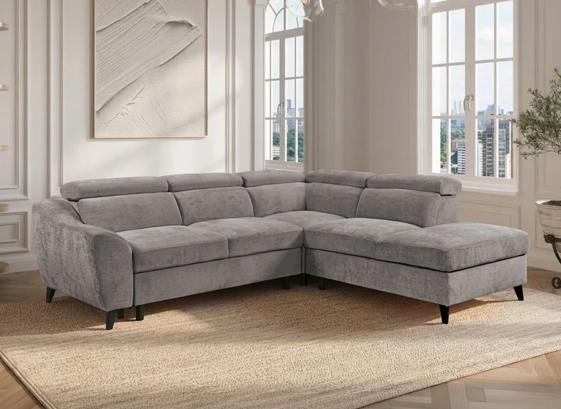 Canapé d'angle convertible avec coffre en velours chiné gris DALTON - Angle droit