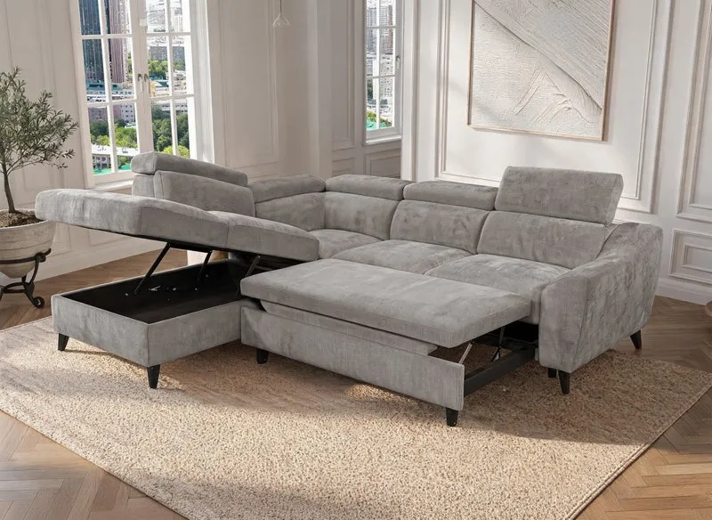 Canapé d'angle convertible avec coffre en velours chiné gris DALTON - Angle gauche