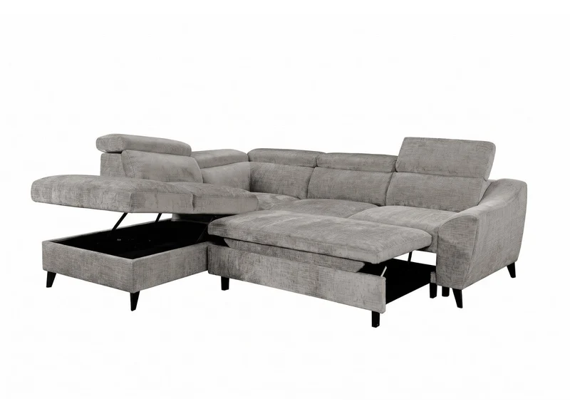 Canapé d'angle convertible avec coffre en velours chiné gris DALTON - Angle gauche