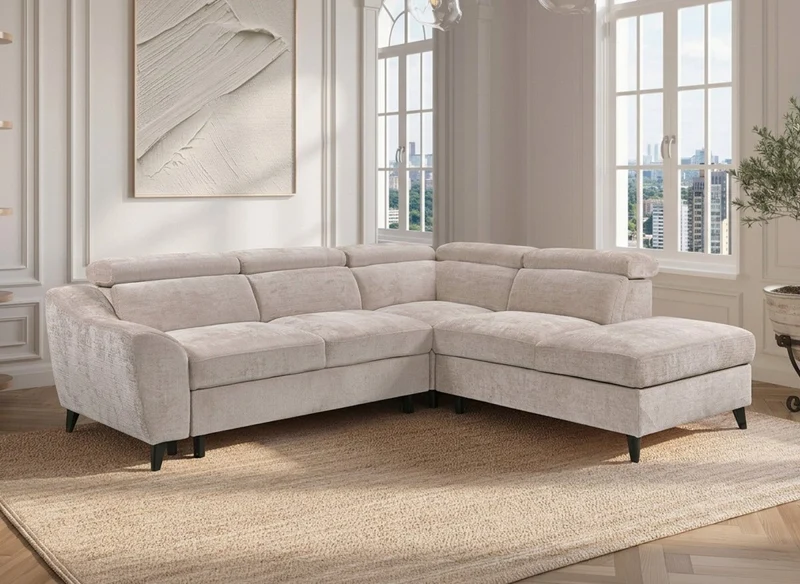 Canapé d'angle convertible avec coffre en velours chiné beige DALTON - Angle droit