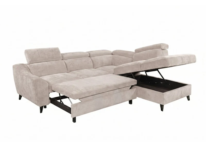 Canapé d'angle convertible avec coffre en velours chiné beige DALTON - Angle droit
