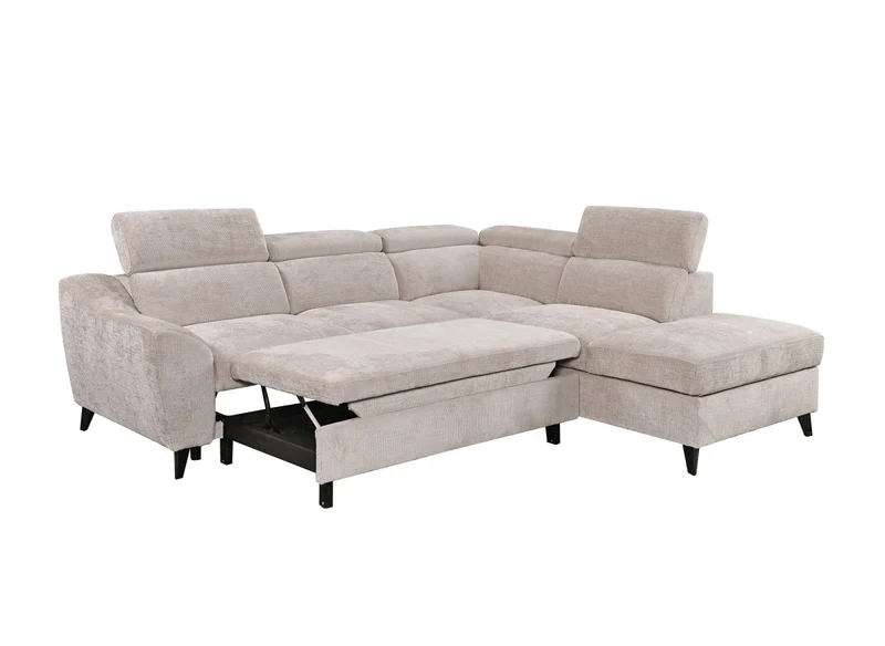 Canapé d'angle convertible avec coffre en velours chiné beige DALTON - Angle droit