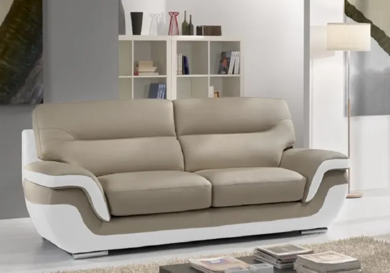 Canapé droit bicolore en cuir taupe et blanc - Cassandra