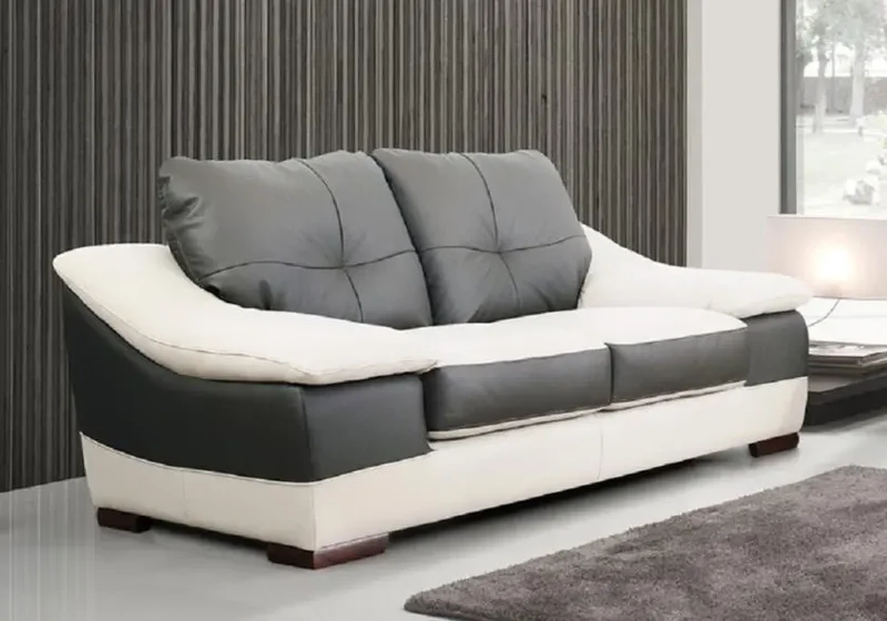 Canapé droit bicolore en cuir crème et taupe - Carman